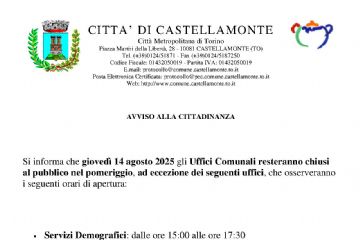 Chiusura uffici comunali nel pomeriggio 14 agosto 2025